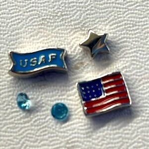 🐸 3/$12  Origami Owl Charms: USA flag, USAF banner, small star & 2 blue crystal